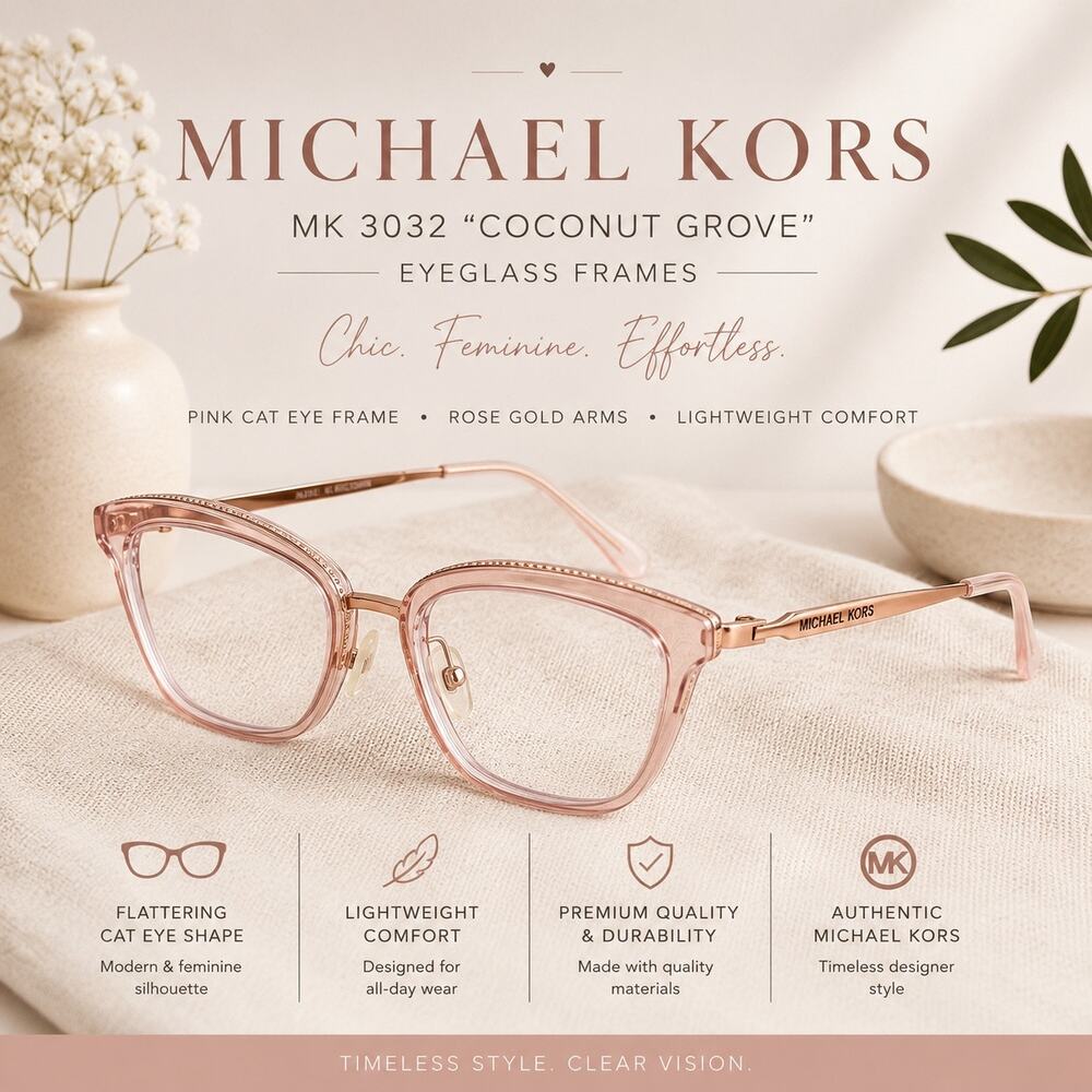 Michael Kors Coconut Grove Pink Cat Eye Eyeglass Frames 51-19 Designer Rose Gold